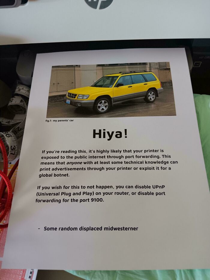 Chaotic good example: humorous printed warning about unsecured printers, featuring a yellow car image.