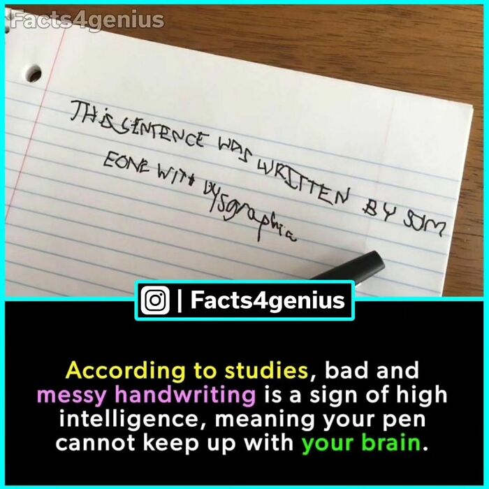 Messy handwriting on paper beside a pen, highlighting interesting facts for genius minds.