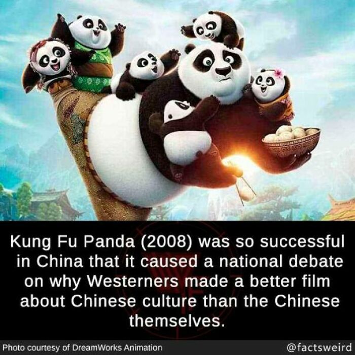 Cartoon pandas from Kung Fu Panda with text about its success sparking cultural debate in China.