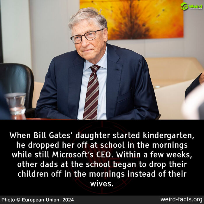 Man in a suit sitting at a table, with text discussing a weird fact about school drop-offs.