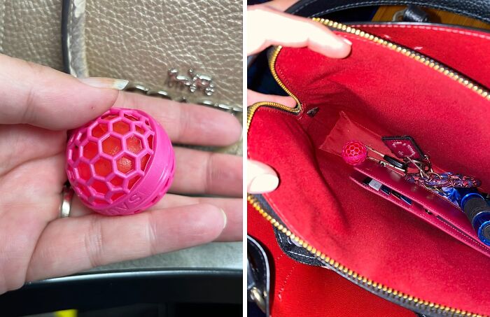Pink ball with hexagonal pattern, popular accessory in a hand and inside a red purse.