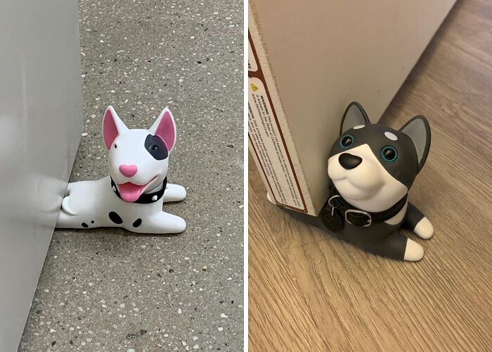 Dog-shaped doorstops as cult favorites reaching panda-monium levels of popularity, placed against doors on a floor.