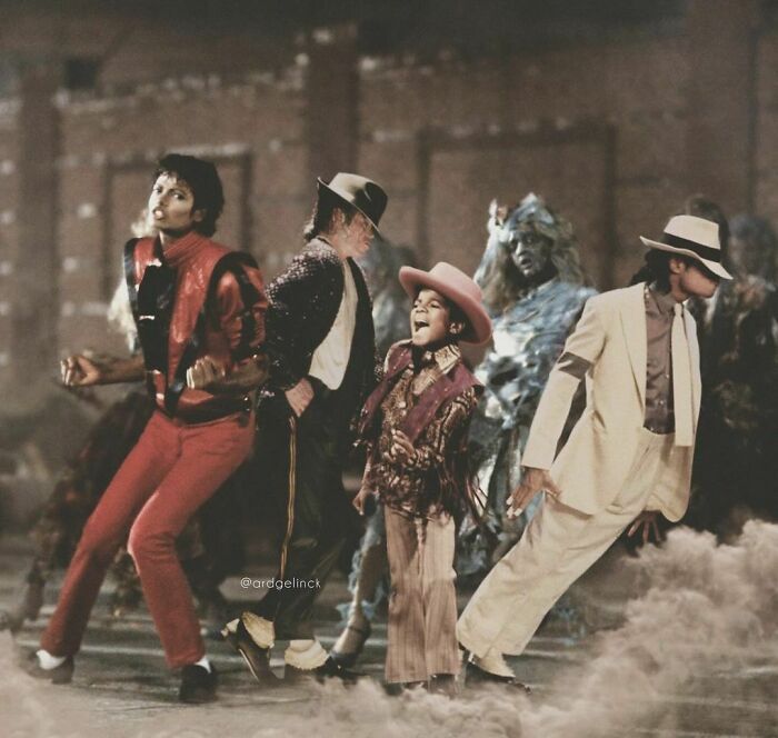 Celebrities photoshopped next to younger selves, showcasing different iconic outfits and styles.