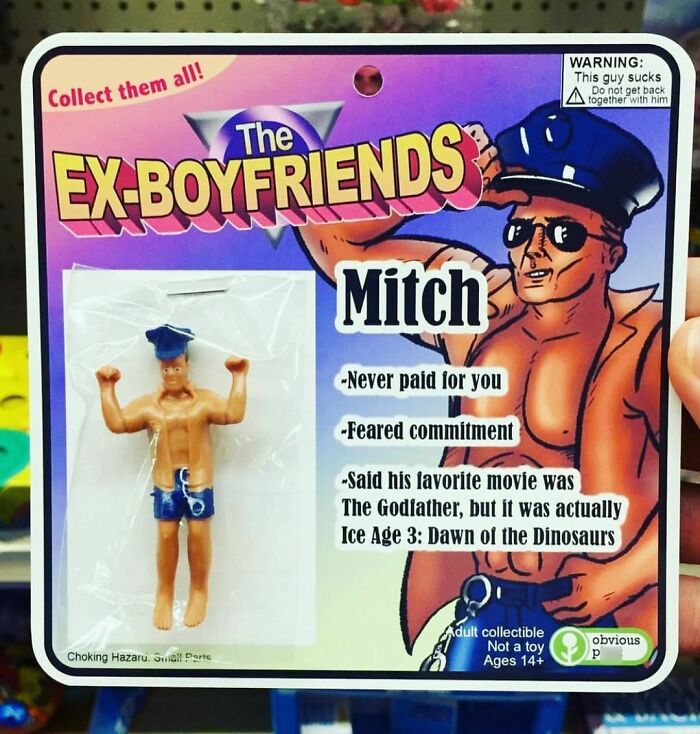 Fake product "The Ex-Boyfriends" toy, featuring Mitch with humorous traits, by Obvious Plant in a store display.