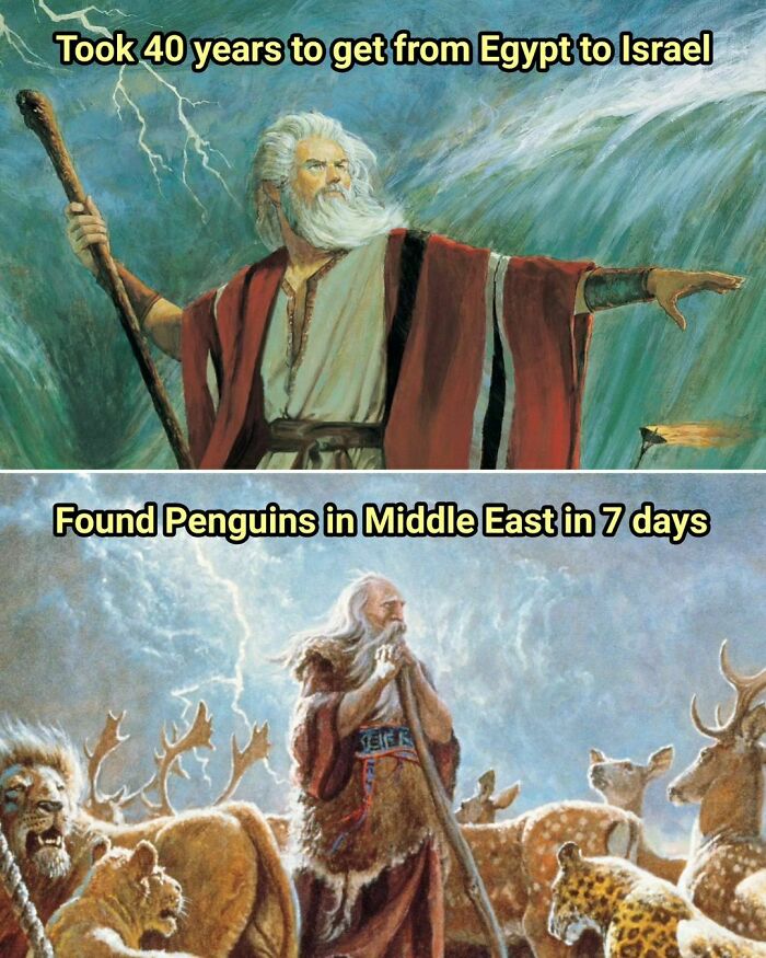 Great works of art used for a humorous meme about journey times and unexpected discoveries.