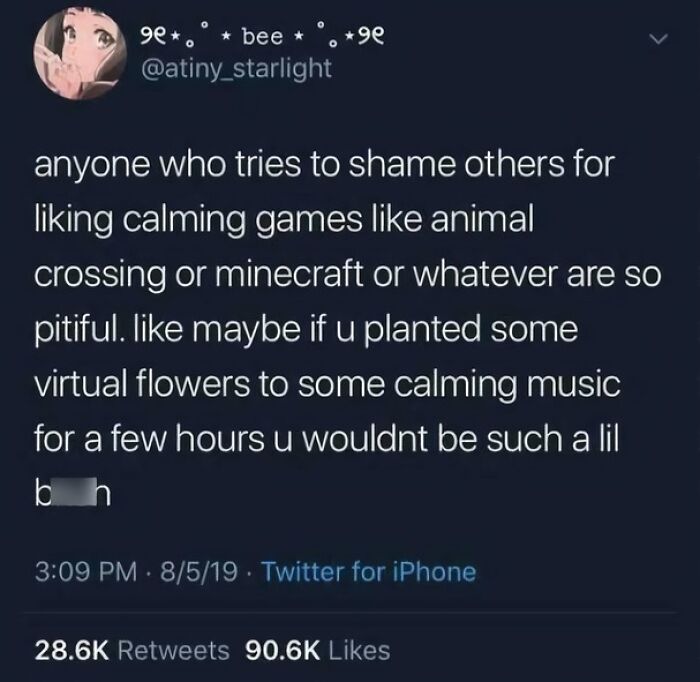 A humorous meme about gaming, highlighting calming games like Animal Crossing and Minecraft.