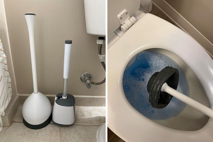 Want A Plunger That's Not An Eyesore? The Toilet Plunger With Hideaway Storage Caddy Keeps Your Bathroom Looking Pristine