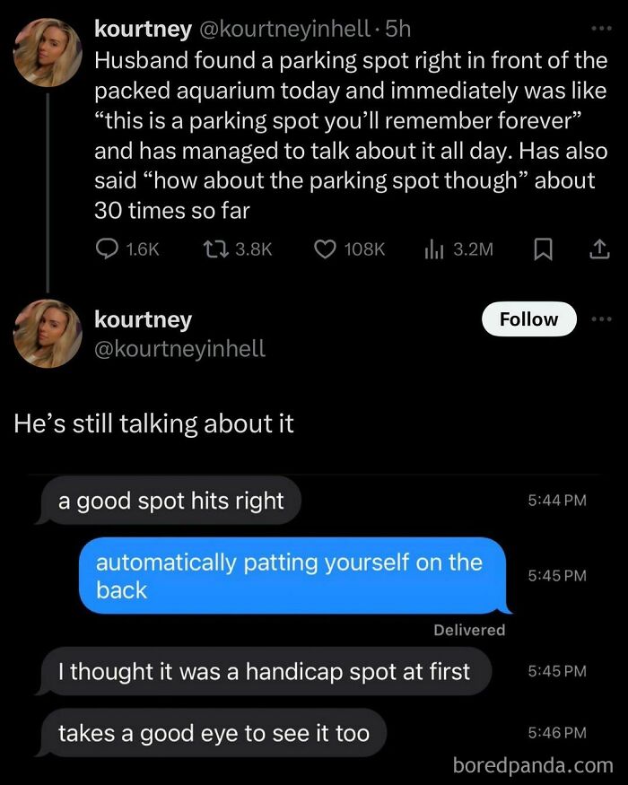 A funny tweet thread about a parking spot being overly memorable and celebrated.