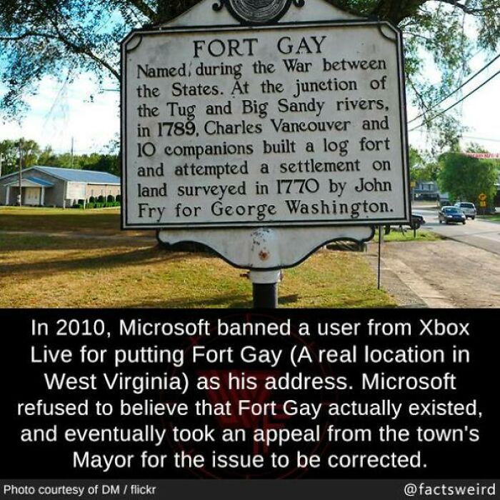 Historical sign for Fort Gay, West Virginia, with text about its establishment and a weird fact involving Microsoft.