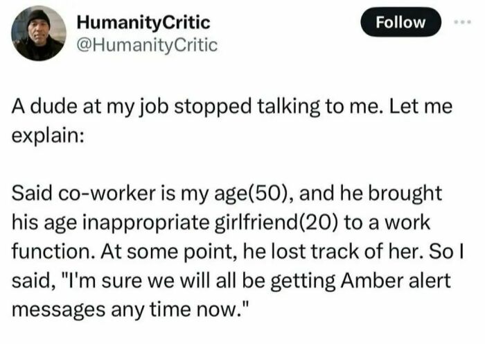 Screenshot of a social media post sharing a hilariously obvious lie about a coworker's inappropriate girlfriend at a work event.
