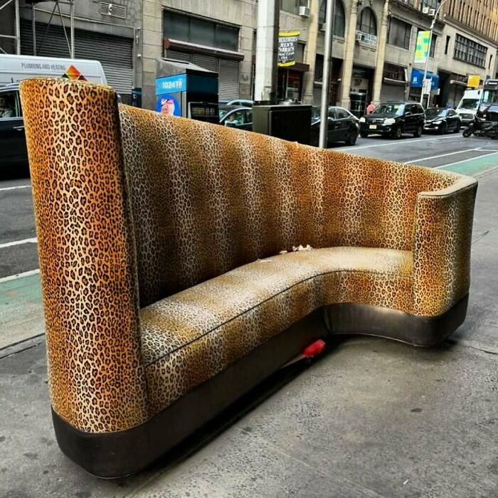 Leopard print sofa left on NYC curb for others to find.