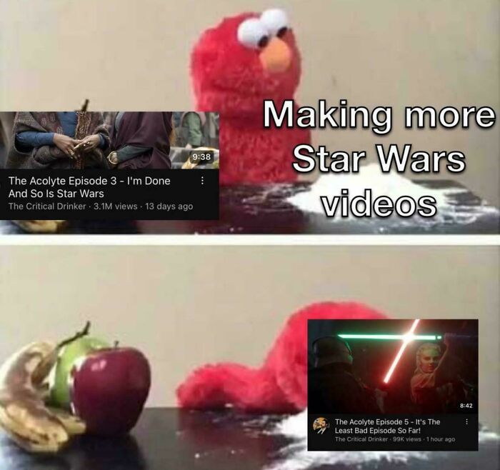 Elmo puppet with Star Wars video thumbnails depicting funny and awkward moments when an attempt didn’t go as expected