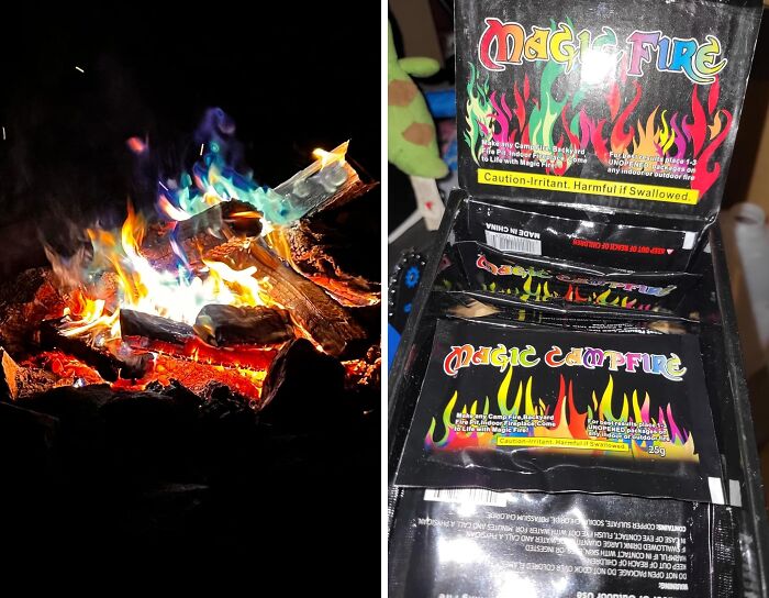 Colorful backyard fire pit burning blue and orange flames next to packages of magic campfire fireworks for July 4th parties.