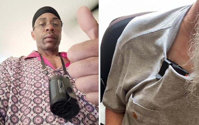 Man with a patterned shirt gives thumbs up; another image shows a gadget in a shirt pocket. Caught and kept our attention.