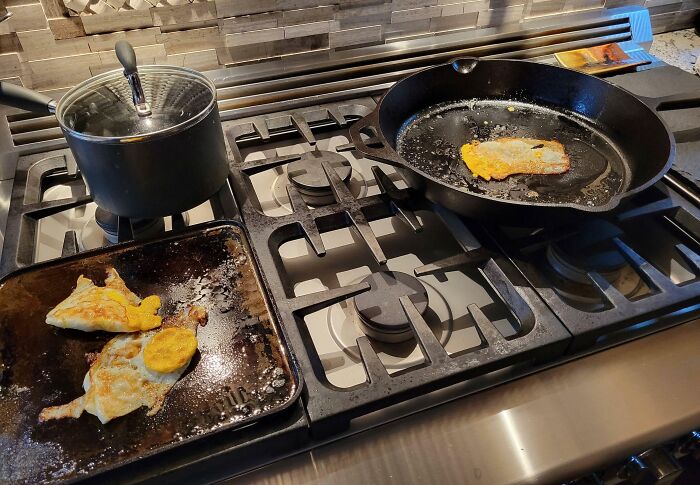 My Son Eats Two Sunny-Side-Up Eggs Before His Hockey Games And Rejects Anything Without A Runny Yolk. These Were My Wife's Multiple Attempts Before She Called In Backup