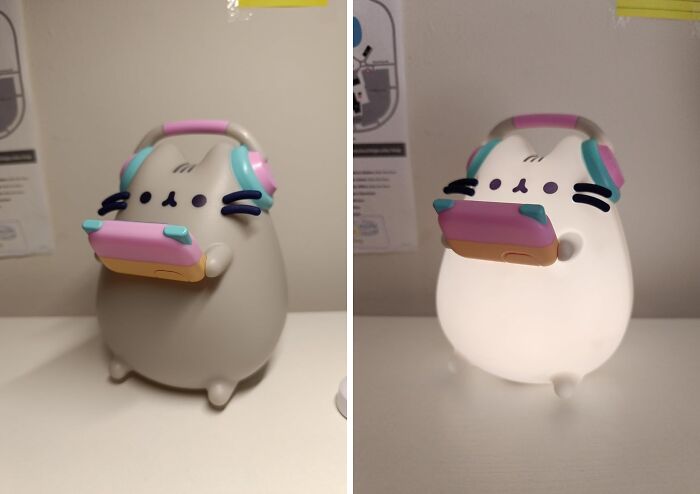 Cute cat nightlight with headphones, off and glowing, featuring in random things collection.