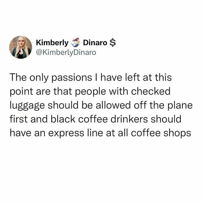 Text post humorously relating to tired millennials about travel and coffee preferences.