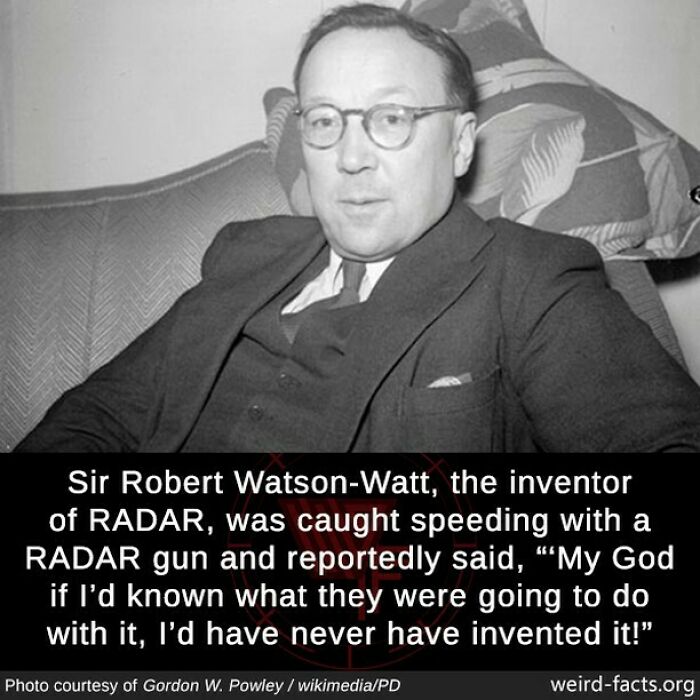 Man sitting, mentioned as RADAR inventor caught speeding, expressing surprise at use of his invention.