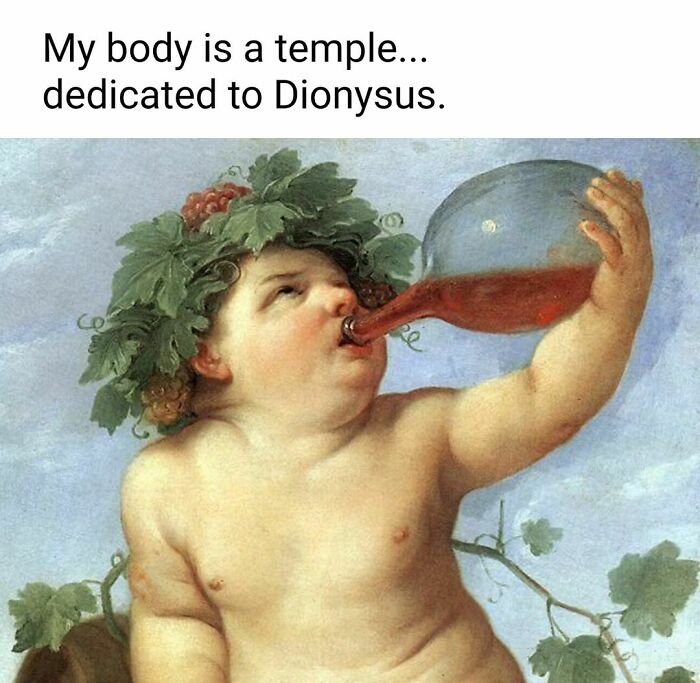 Baby Bacchus sipping wine, humorously captioned; art becomes the perfect canvas for memes.
