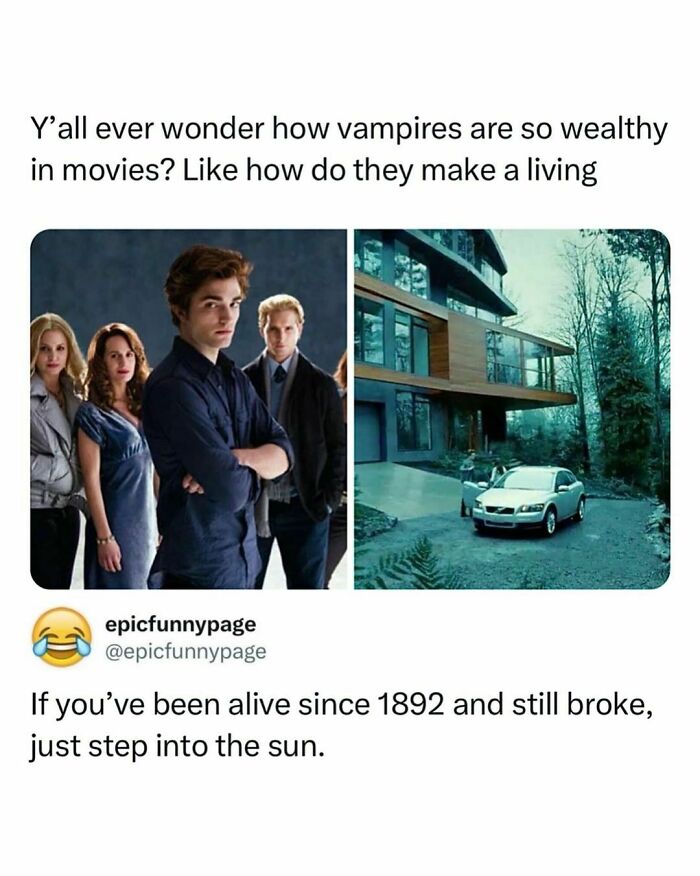 Collage of vampires and a luxurious house with a car, highlighting a humorous take on their wealth.