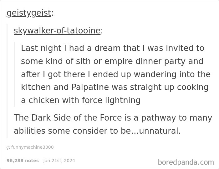 Tumblr post showing a funny reply about a Sith dinner party with Palpatine cooking using force lightning.