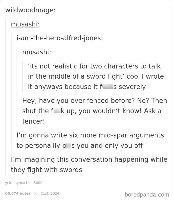 Tumblr thread showing funny replies in a sword fight argument, illustrating humor in unexpected online conversations.