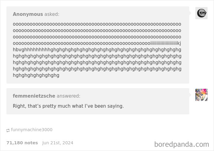 Anonymous posts long string of letters, femmenietzsche replies with a witty and funnier response in online thread.