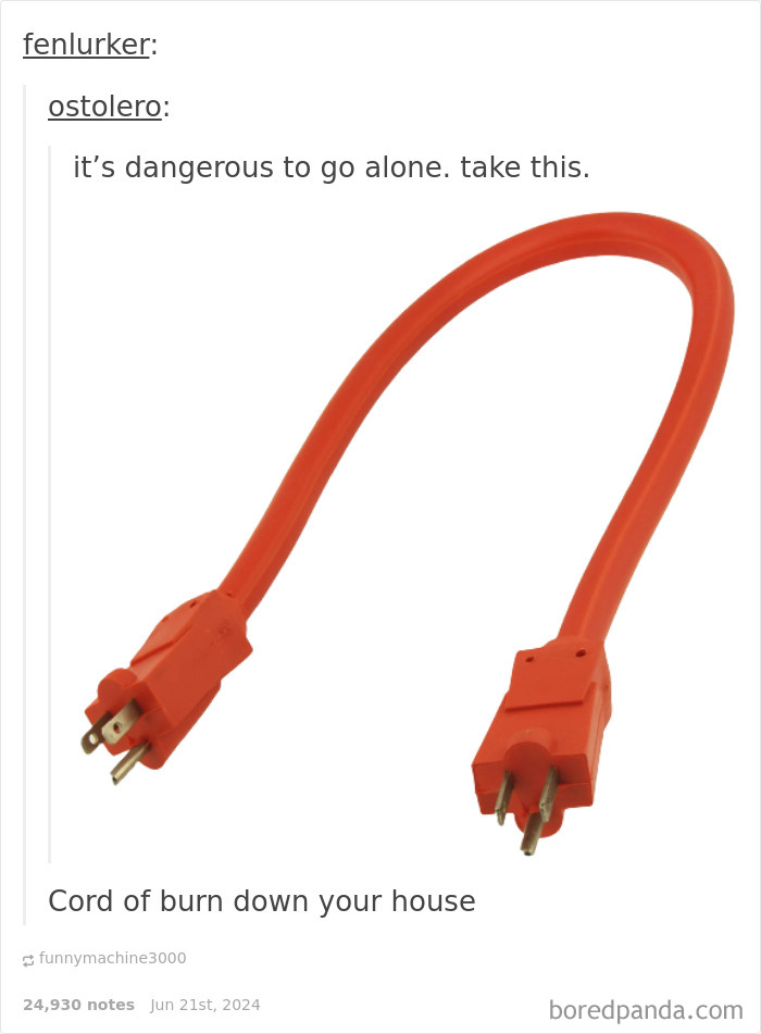 Funny replies post showing a bent orange electrical cord with a humorous warning about safety risks.