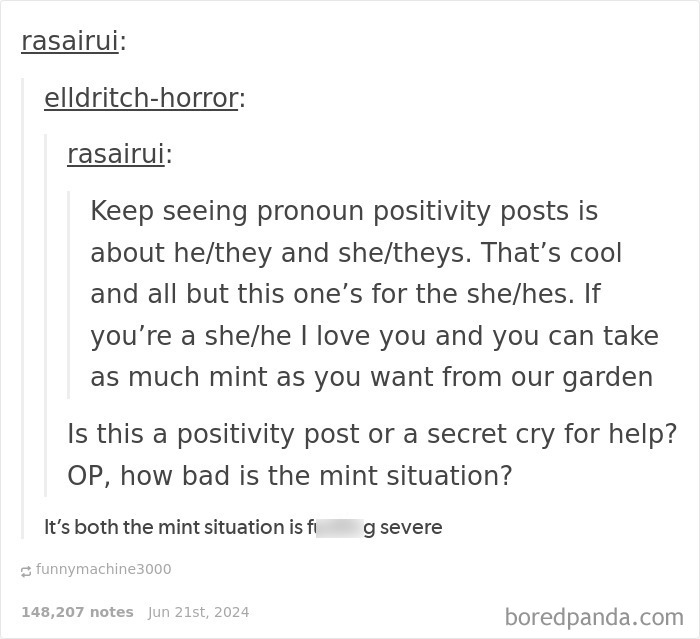 Screenshot of a humorous social media reply about pronoun positivity and a mint situation that is funnier than the original post.