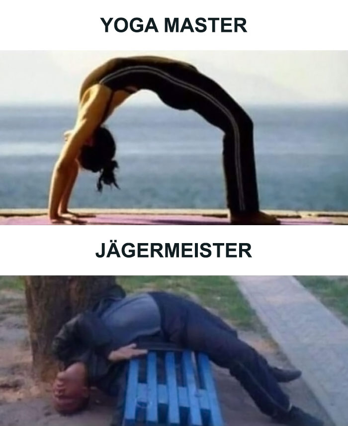 "Humorous meme showing a yoga pose compared to a person sleeping awkwardly on a bench."