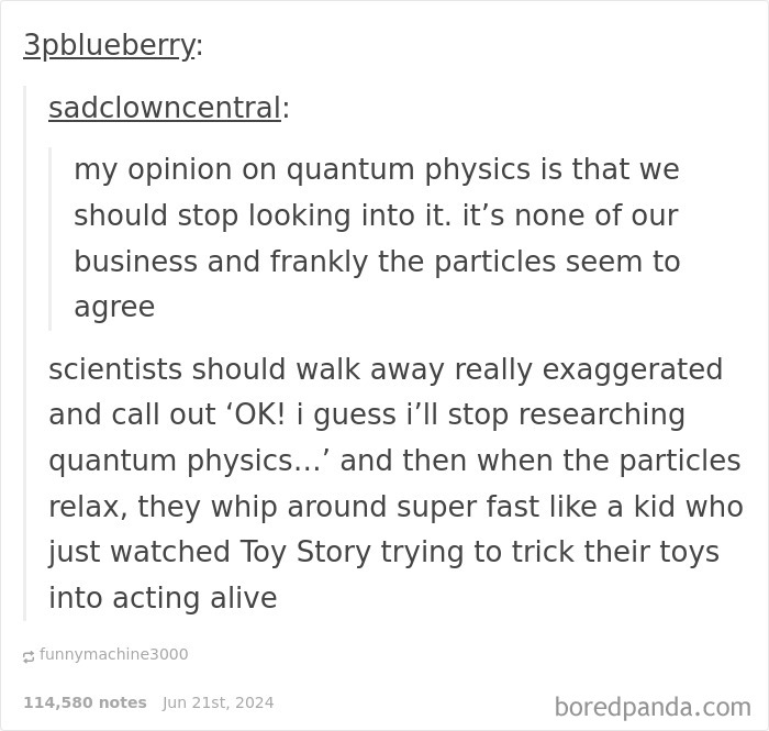 Text post showing a funny reply about quantum physics, part of replies funnier than the original post on social media.