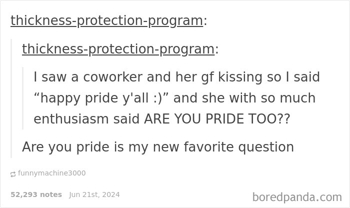 Screenshot of a funny social media reply where someone humorously misunderstands a Pride greeting, showing clever replies.