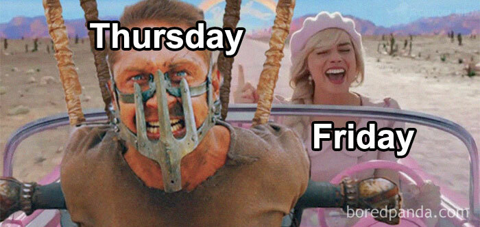 Mad Max-themed meme with "Thursday" caption over a man and "Friday" over a woman, humorously depicting excitement for the weekend.