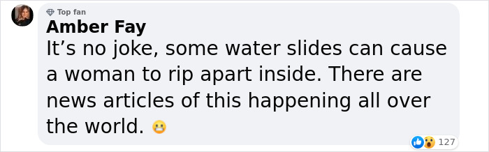 Comment from Amber Fay discussing dangers of extreme waterslides, highlighting warnings and global incidents involving women.
