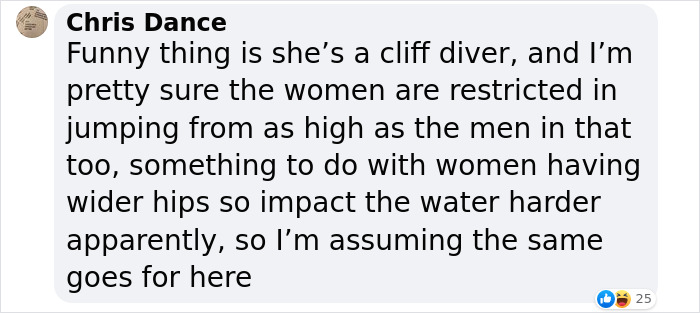 Comment discussing a cliff diver and women being restricted from jumping from extreme heights due to safety concerns.
