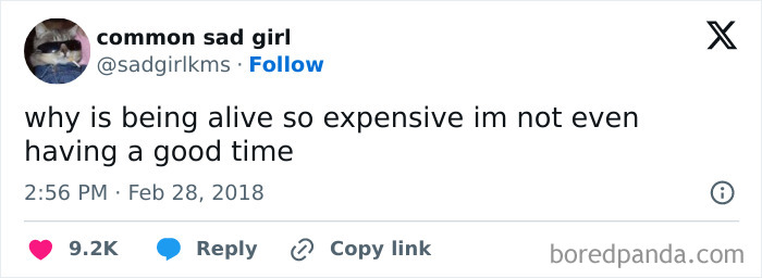 Social media post meme with text expressing humor about the high cost of living.