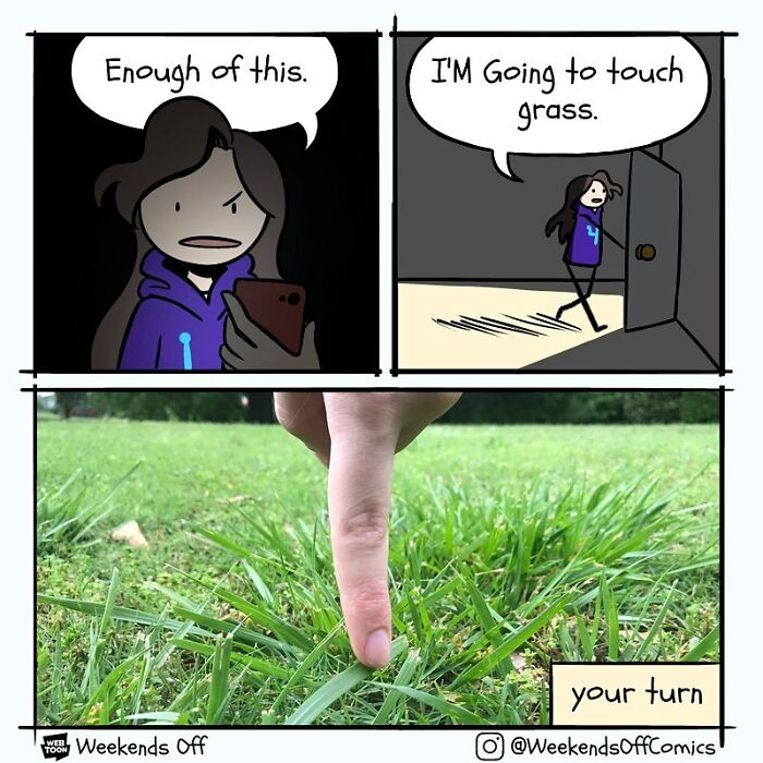 Comic panel showing life’s daily annoyances and puns with a character saying I'm going to touch grass.