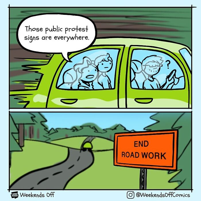 Comic strip from Weekends Off showing people in a car discussing public signs as a daily annoyance pun.