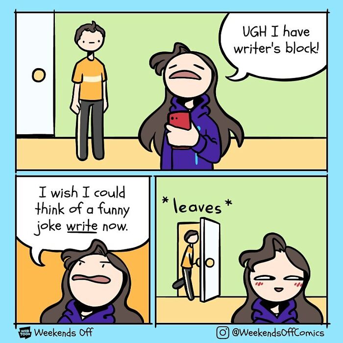 Comic panel showing life’s daily annoyances and puns with a character frustrated by writer’s block.