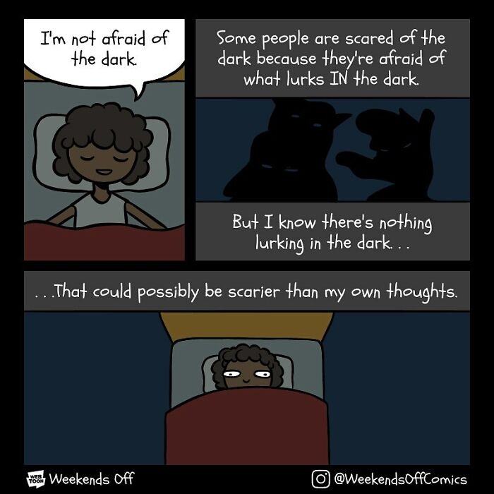 Person in bed reflecting on fears in a comic from Weekends Off exploring life’s daily annoyances and puns.