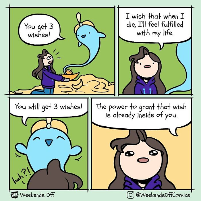 Comic strip from Weekends Off showing a genie granting three wishes about life’s daily annoyances and puns.