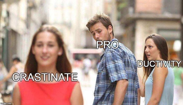 Man labeled "PRO" distracted by woman labeled "CRASTINATE" while ignoring woman labeled "DUCTIVITY," highlighting procrastination.