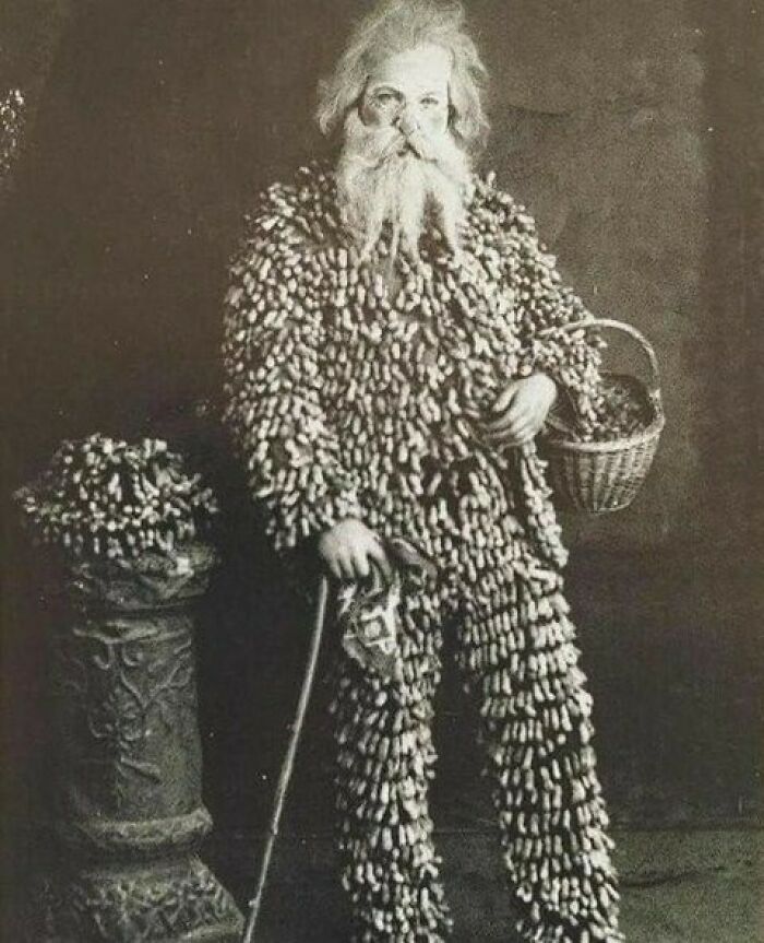 Postcard Of A Peanut Vendor Wearing A Suit Made Of Peanuts Circa 1890