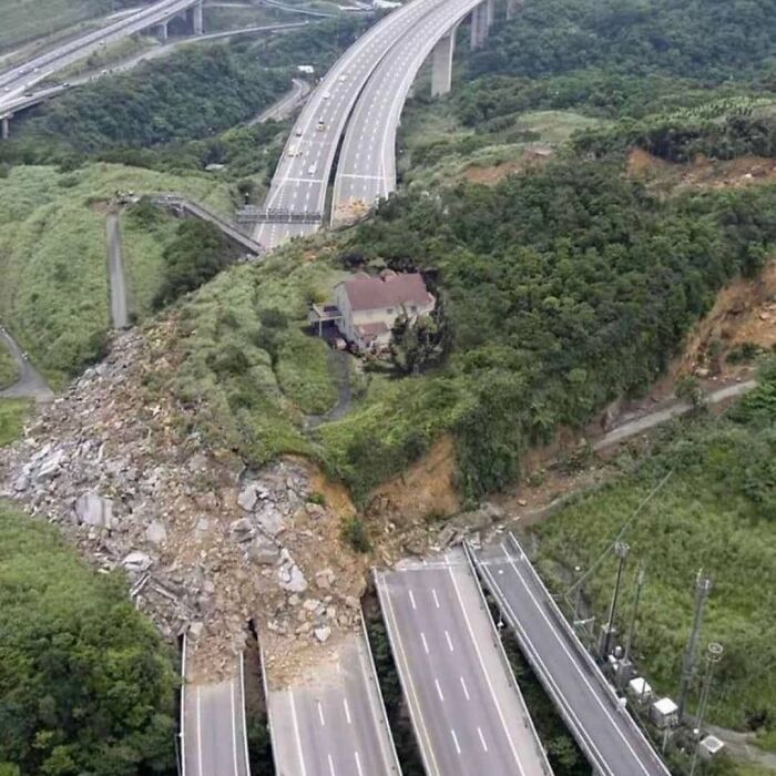 A highway blocked by a massive landslide, illustrating one of the most cursed pics from this Instagram page sharing cursed memes.