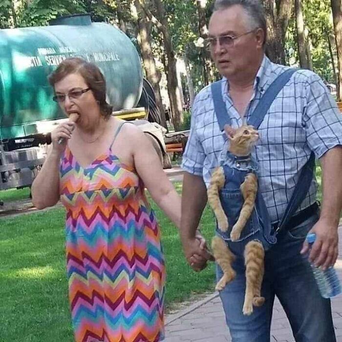 Couple walking in park with man carrying a cat in denim overalls, featured on a cursed pics and memes Instagram page.