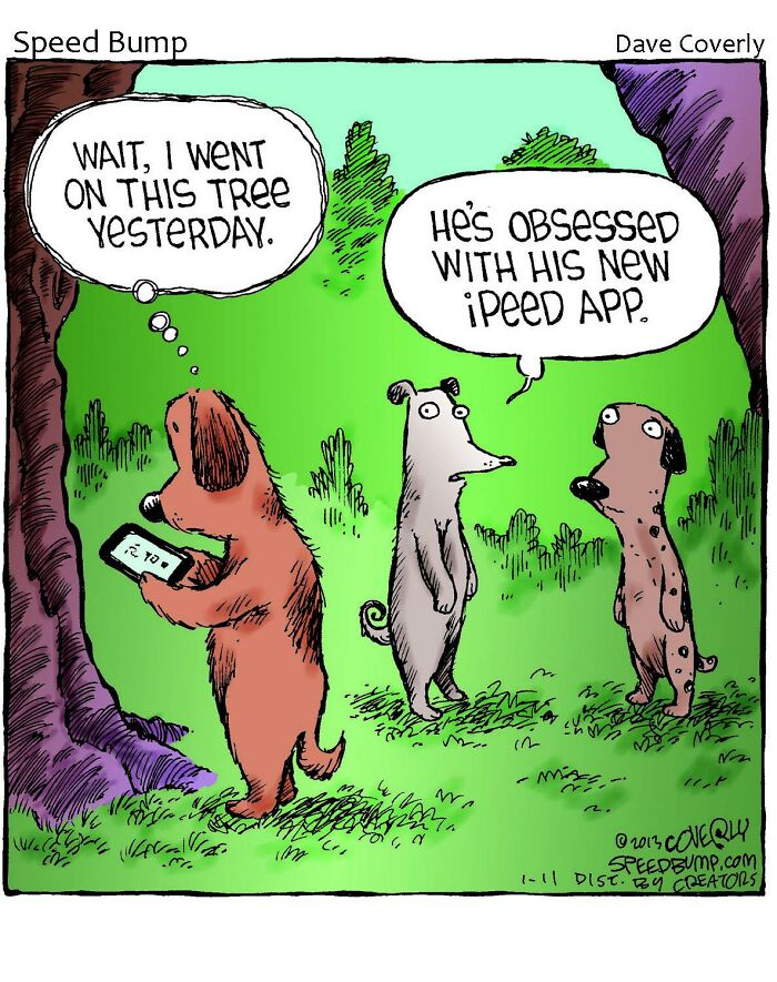 Cartoon from Dave Coverly’s Speed Bump showing dogs humorously discussing a new iPeeD app in a forest setting.