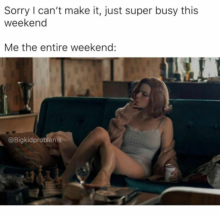 A woman relaxing on a sofa, representing relatable memes about weekend busyness.