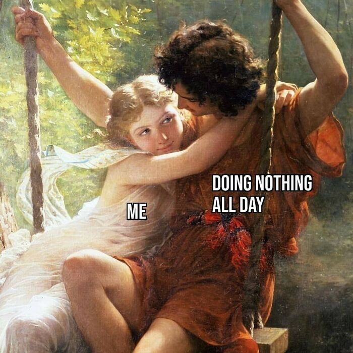 Romantic painting meme depicting procrastination, labeled "me" and "doing nothing all day," humorously relating to procrastinators.