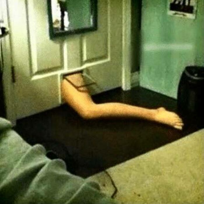 A bizarre cursed image showing a door with a long human leg sticking through a pet door in a dimly lit room.