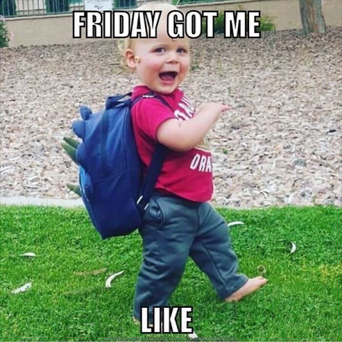 Happy Friday meme: cheerful toddler in red shirt with backpack, walking barefoot on grass.